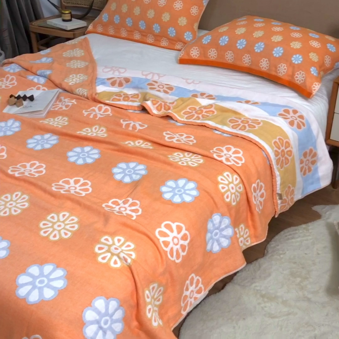 91家纺网 家纺一手货源 找家纺 朴尔  2023年新款四层韩版碎花风全棉纱布毛巾被 曼陀罗-橘