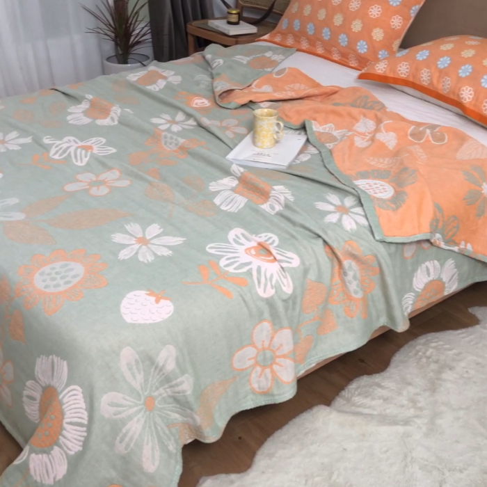 91家纺网 家纺一手货源 找家纺 朴尔  2023年新款四层韩版碎花风全棉纱布毛巾被 向日花开-绿