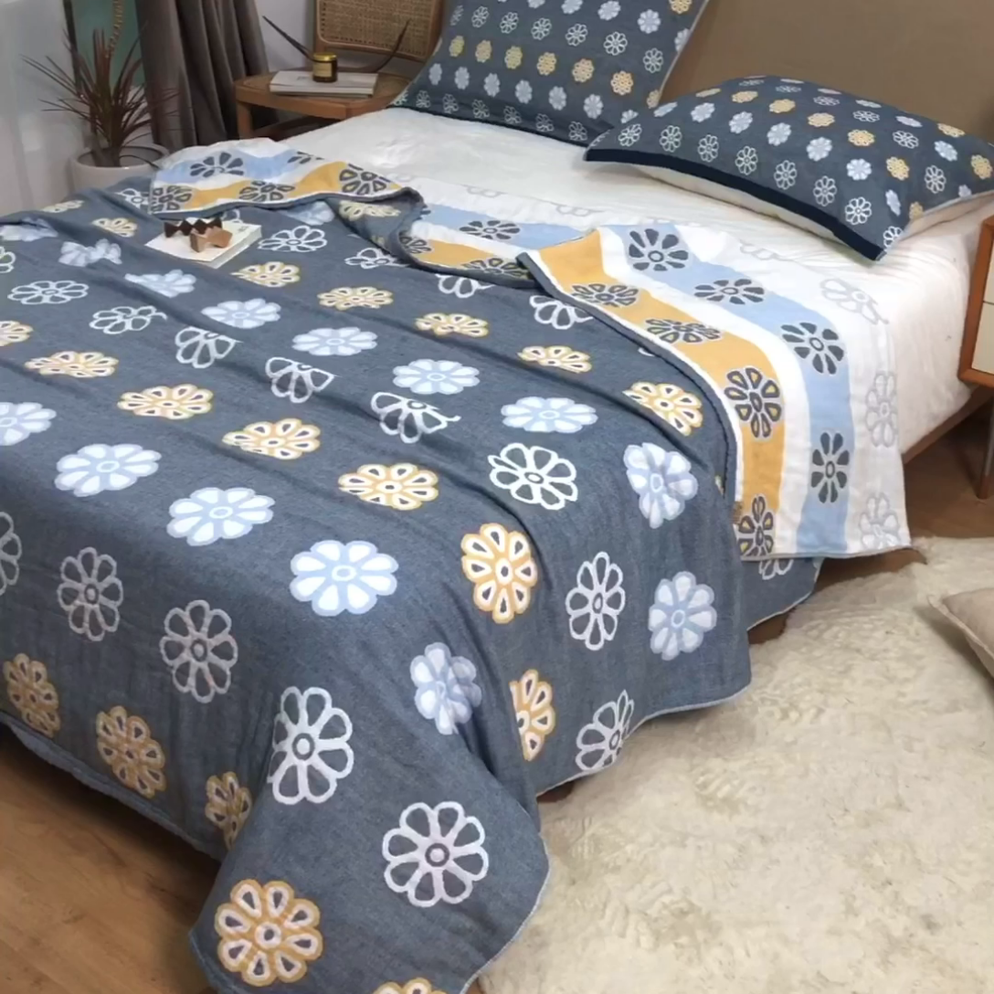 91家纺网 家纺一手货源 找家纺 朴尔  2023年新款四层韩版碎花风全棉纱布毛巾被 曼陀罗-灰