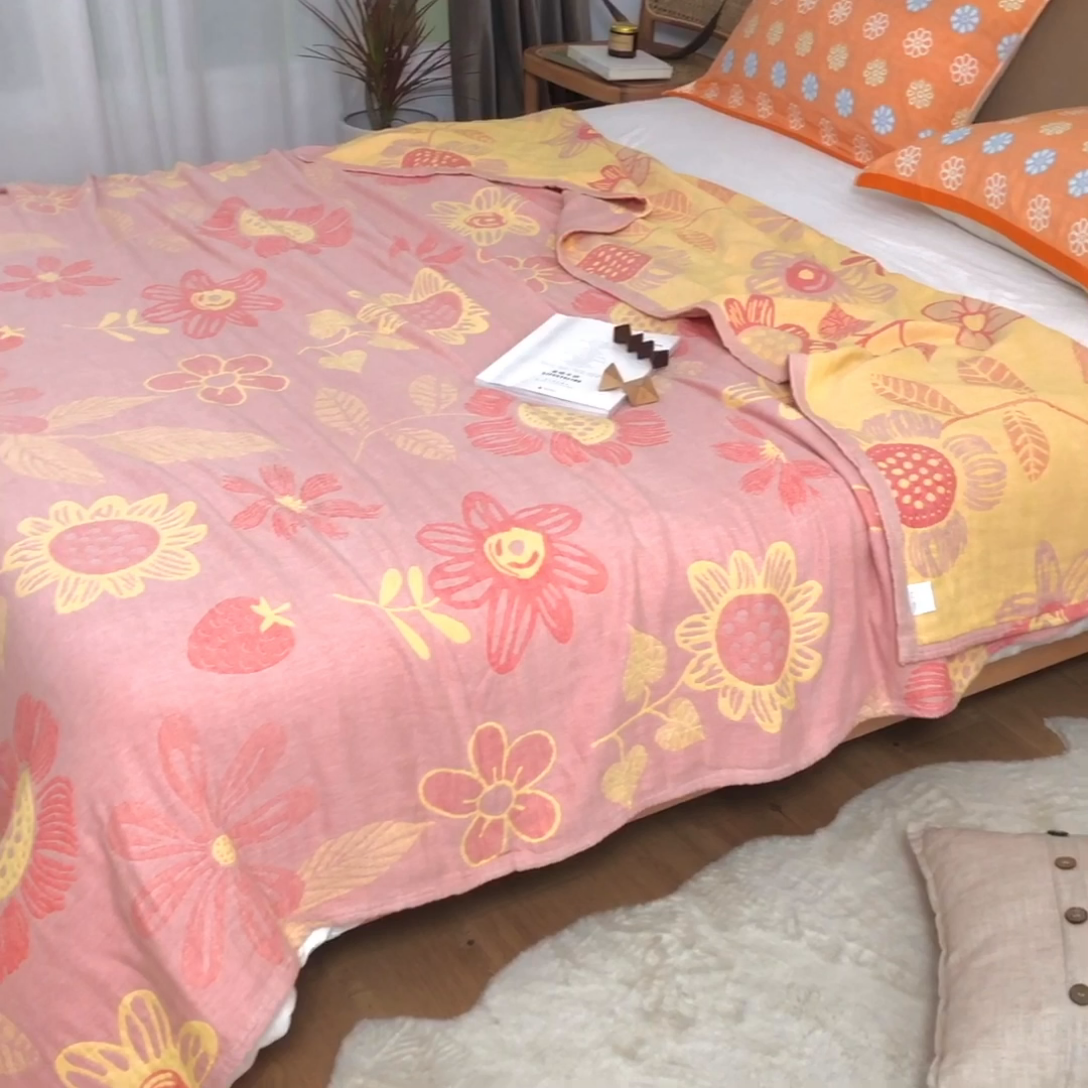 91家纺网 家纺一手货源 找家纺 朴尔  2023年新款四层韩版碎花风全棉纱布毛巾被 向日花开-粉
