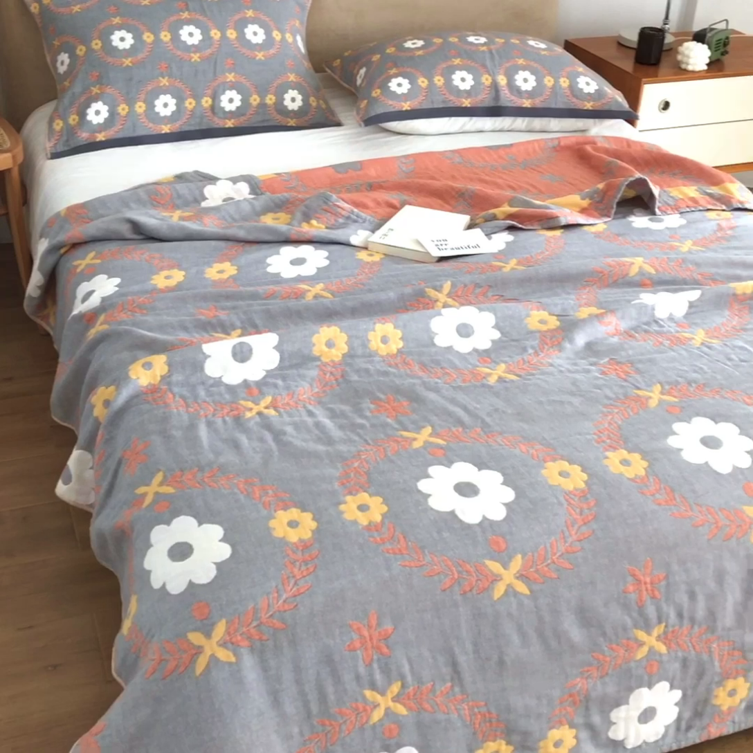 91家纺网 家纺一手货源 找家纺 朴尔  2023年新款四层韩版碎花风全棉纱布毛巾被 花环-灰