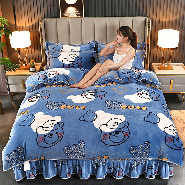 91家纺网 家纺一手货源 找家纺 爱上家居  2023新款加厚牛奶金貂绒四件套 乖乖熊-蓝