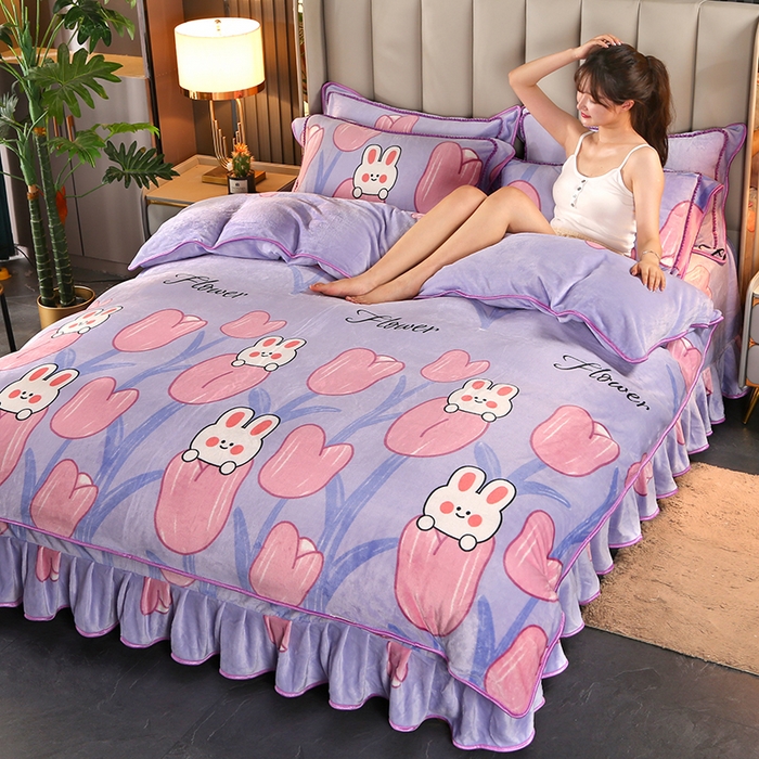 91家纺网 家纺一手货源 找家纺 爱上家居  2023新款加厚牛奶金貂绒四件套 花中兔-紫