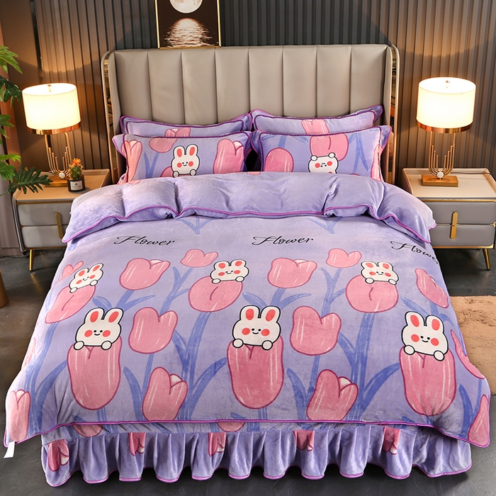 91家纺网 家纺一手货源 找家纺 爱上家居  2023新款加厚牛奶金貂绒四件套 花中兔-紫