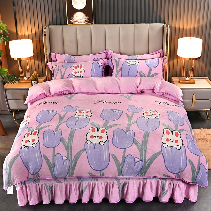 91家纺网 家纺一手货源 找家纺 爱上家居  2023新款加厚牛奶金貂绒四件套 花中兔-粉