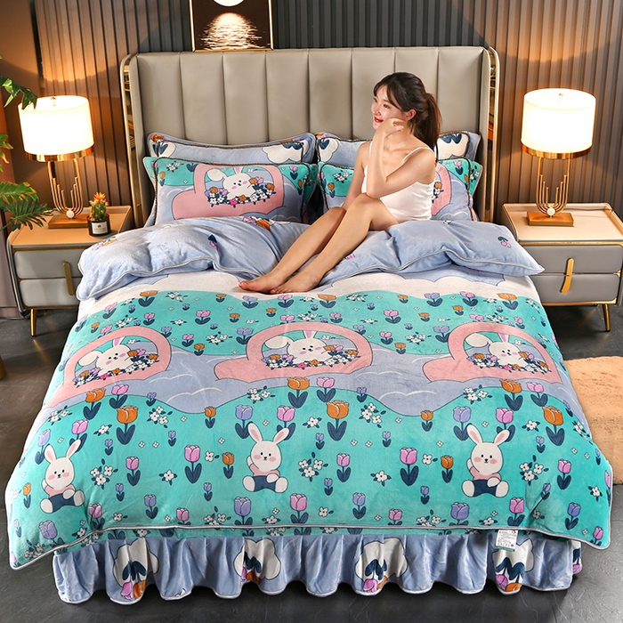 91家纺网 家纺一手货源 找家纺 爱上家居  2023新款加厚牛奶金貂绒四件套 开心兔