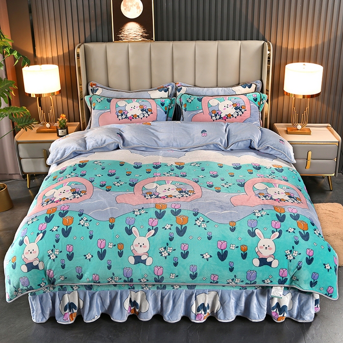 91家纺网 家纺一手货源 找家纺 爱上家居  2023新款加厚牛奶金貂绒四件套 开心兔