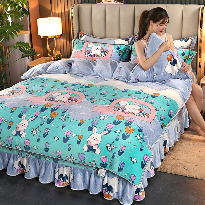 91家纺网 家纺一手货源 找家纺 爱上家居  2023新款加厚牛奶金貂绒四件套 开心兔