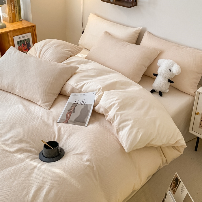 91家纺网 家纺一手货源 找家纺 金丝鸟  2023新款简约舒适华夫格四件套 简约卡其格白