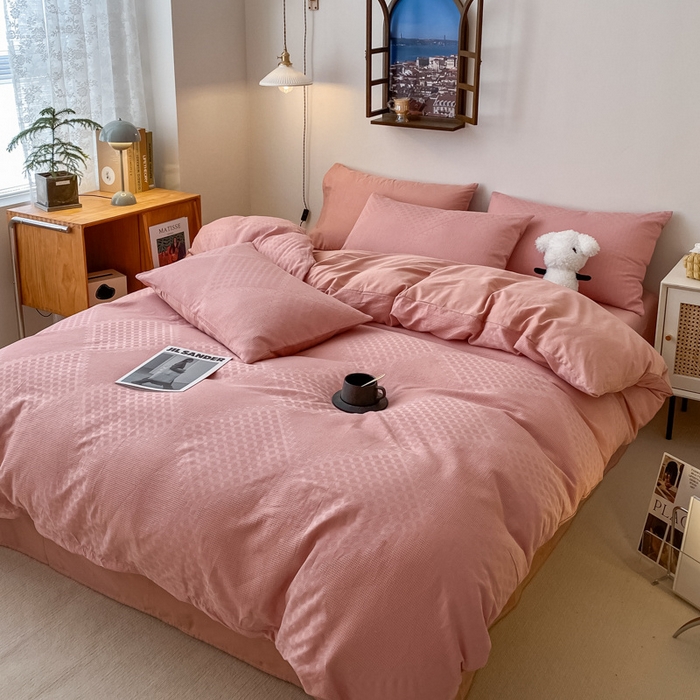 91家纺网 家纺一手货源 找家纺 金丝鸟  2023新款简约舒适华夫格四件套 简约卡其格粉