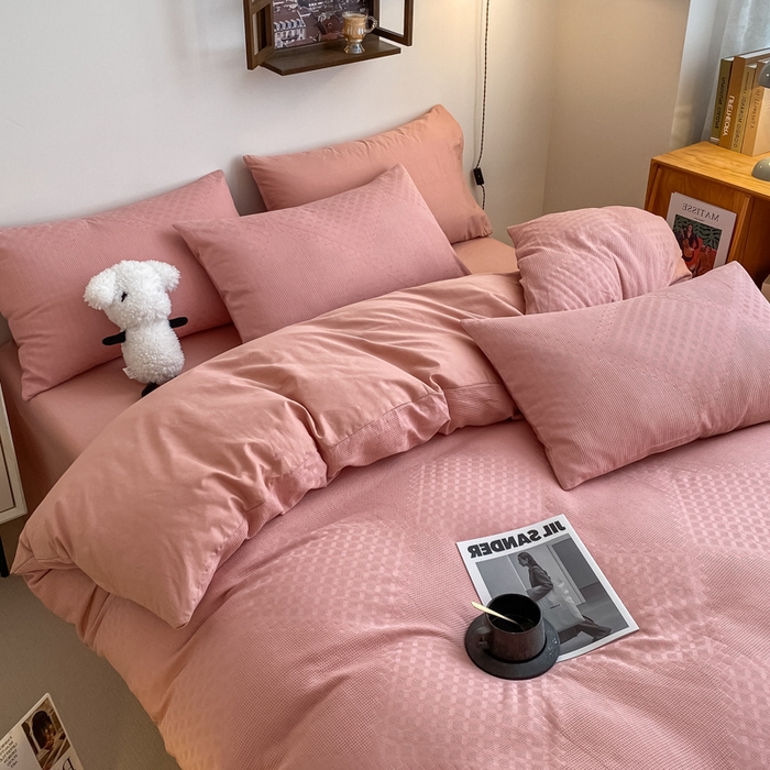 91家纺网 家纺一手货源 找家纺 金丝鸟  2023新款简约舒适华夫格四件套 简约卡其格粉