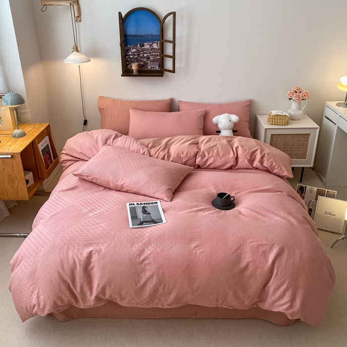 91家纺网 家纺一手货源 找家纺 金丝鸟  2023新款简约舒适华夫格四件套 简约卡其格粉