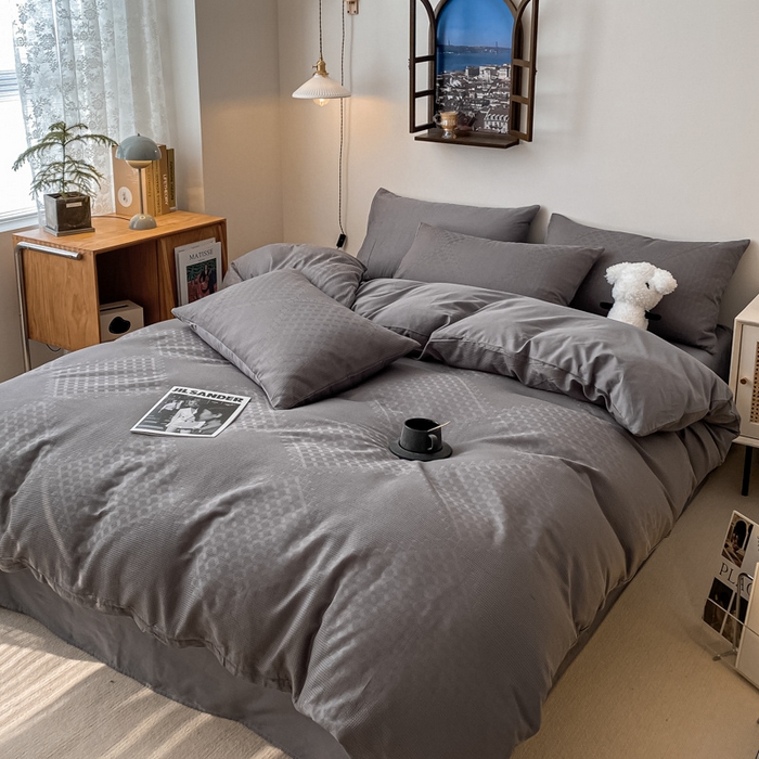 91家纺网 家纺一手货源 找家纺 金丝鸟  2023新款简约舒适华夫格四件套 简约卡其格灰