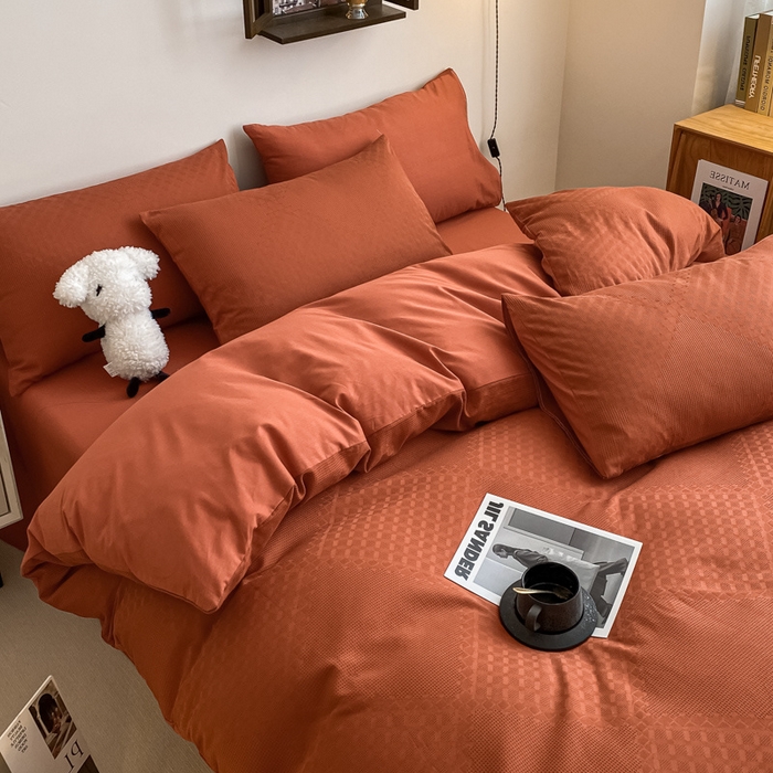 91家纺网 家纺一手货源 找家纺 金丝鸟  2023新款简约舒适华夫格四件套 简约卡其格红