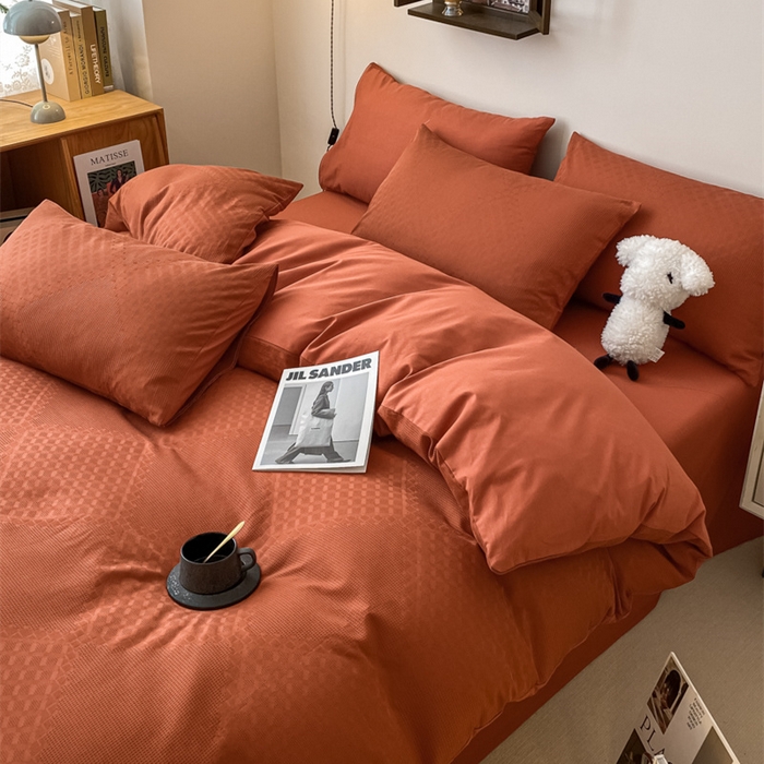 91家纺网 家纺一手货源 找家纺 金丝鸟  2023新款简约舒适华夫格四件套 简约卡其格红