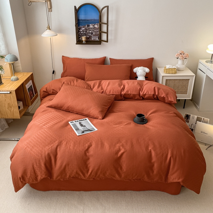 91家纺网 家纺一手货源 找家纺 金丝鸟  2023新款简约舒适华夫格四件套 简约卡其格红