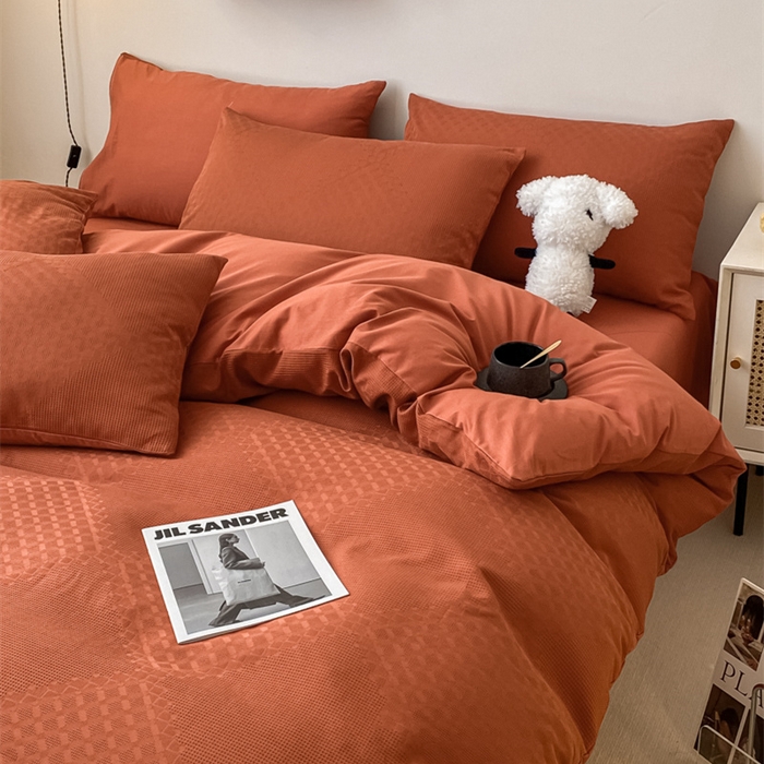 91家纺网 家纺一手货源 找家纺 金丝鸟  2023新款简约舒适华夫格四件套 简约卡其格红