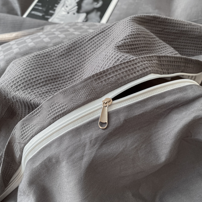 91家纺网 家纺一手货源 找家纺 金丝鸟  2023新款简约舒适华夫格四件套 简约卡其格灰