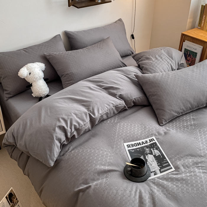 91家纺网 家纺一手货源 找家纺 金丝鸟  2023新款简约舒适华夫格四件套 简约卡其格灰