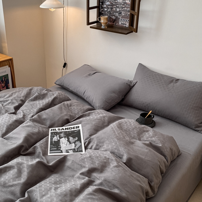 91家纺网 家纺一手货源 找家纺 金丝鸟  2023新款简约舒适华夫格四件套 简约卡其格灰