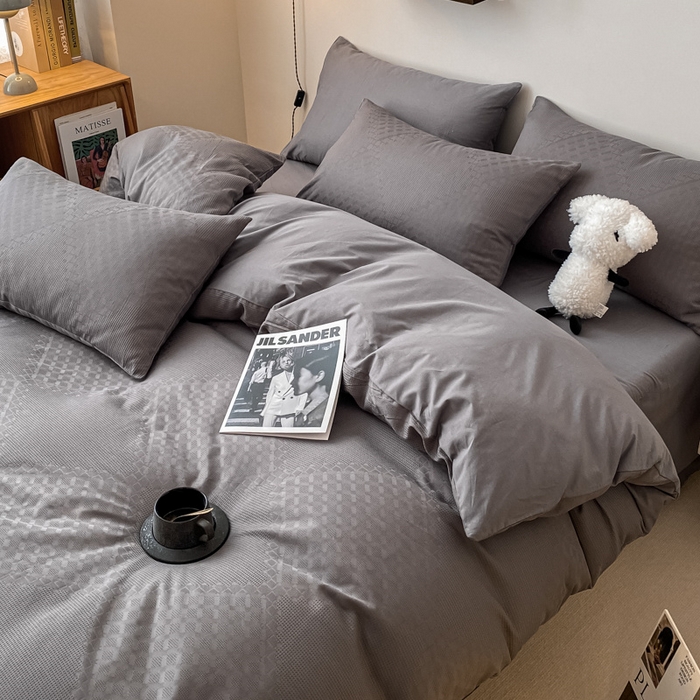 91家纺网 家纺一手货源 找家纺 金丝鸟  2023新款简约舒适华夫格四件套 简约卡其格灰