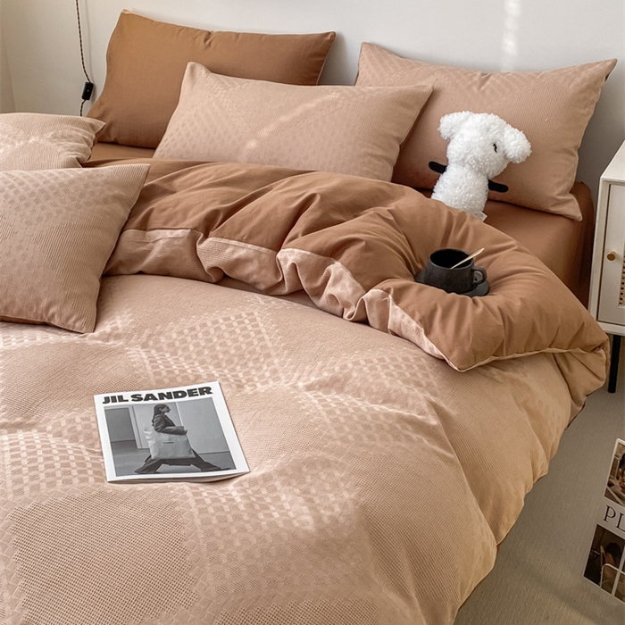 91家纺网 家纺一手货源 找家纺 金丝鸟  2023新款简约舒适华夫格四件套 简约卡其格驼