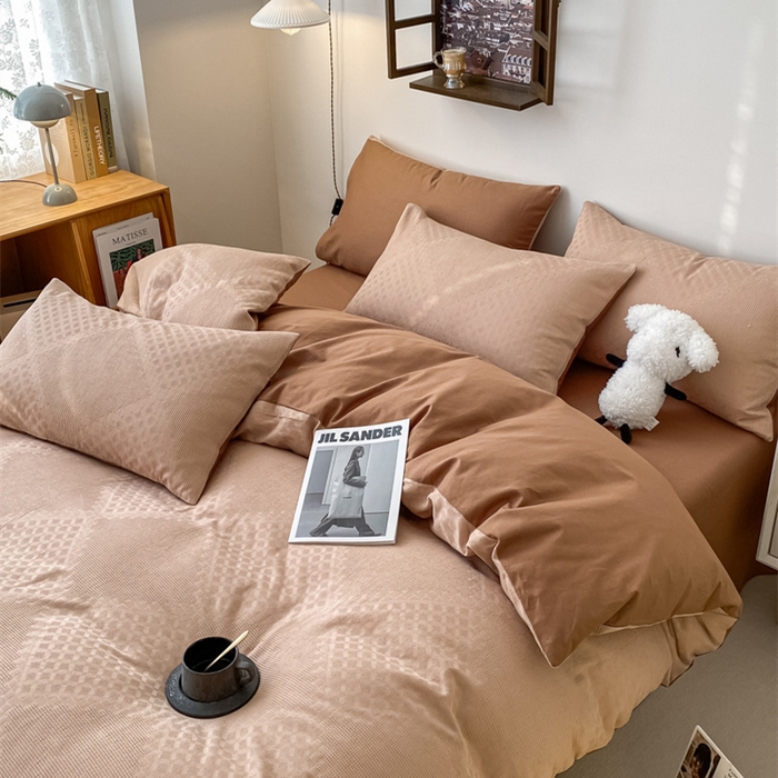 91家纺网 家纺一手货源 找家纺 金丝鸟  2023新款简约舒适华夫格四件套 简约卡其格驼