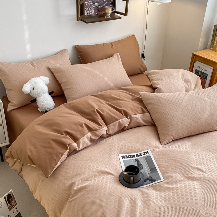 91家纺网 家纺一手货源 找家纺 金丝鸟  2023新款简约舒适华夫格四件套 简约卡其格驼