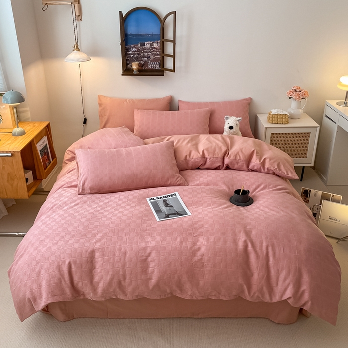 91家纺网 家纺一手货源 找家纺 金丝鸟  2023新款简约舒适华夫格四件套 简约小田格 粉