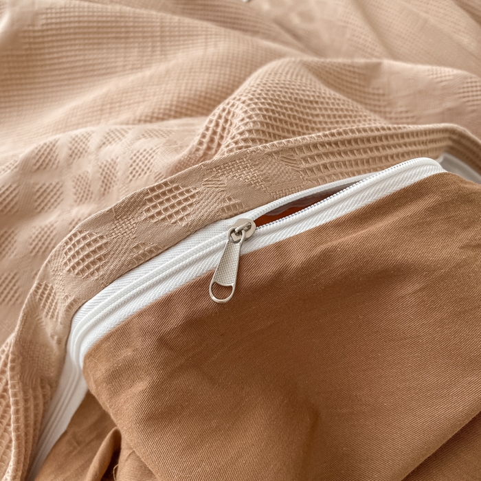 91家纺网 家纺一手货源 找家纺 金丝鸟  2023新款简约舒适华夫格四件套 简约卡其格驼