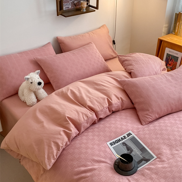 91家纺网 家纺一手货源 找家纺 金丝鸟  2023新款简约舒适华夫格四件套 简约小田格 粉