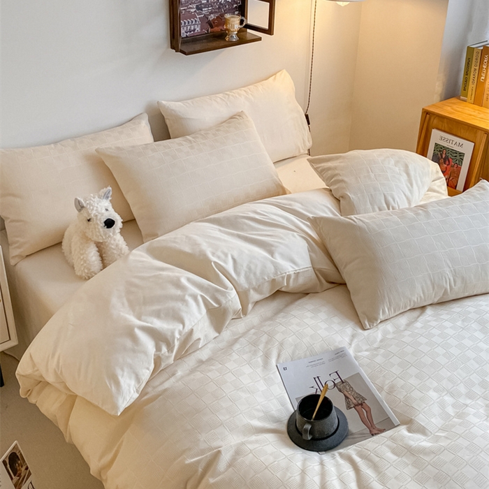 91家纺网 家纺一手货源 找家纺 金丝鸟  2023新款简约舒适华夫格四件套 简约小田格白