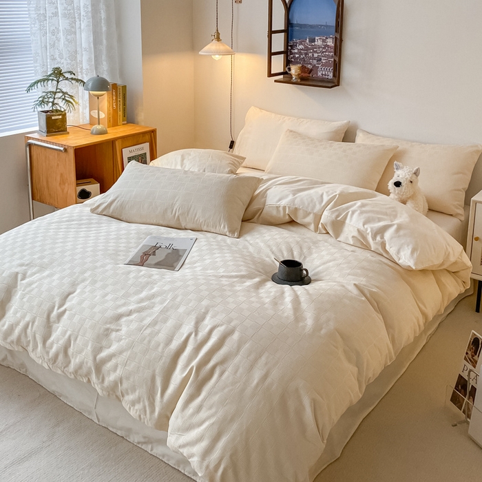 91家纺网 家纺一手货源 找家纺 金丝鸟  2023新款简约舒适华夫格四件套 简约小田格白