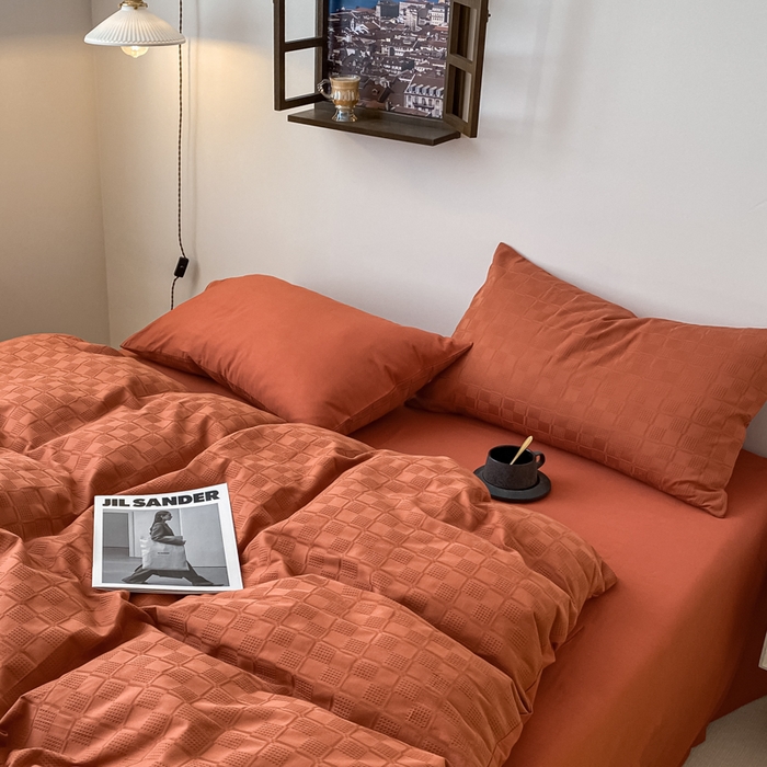 91家纺网 家纺一手货源 找家纺 金丝鸟  2023新款简约舒适华夫格四件套 简约小田格红