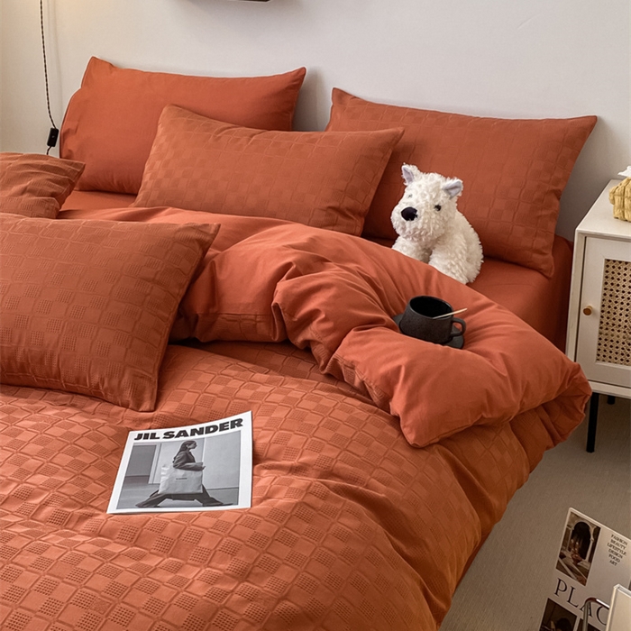 91家纺网 家纺一手货源 找家纺 金丝鸟  2023新款简约舒适华夫格四件套 简约小田格红