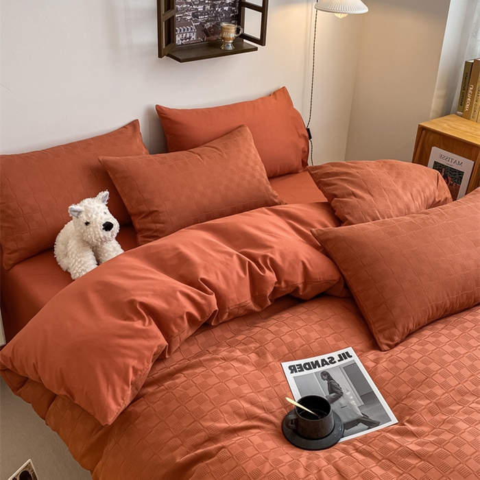 91家纺网 家纺一手货源 找家纺 金丝鸟  2023新款简约舒适华夫格四件套 简约小田格红