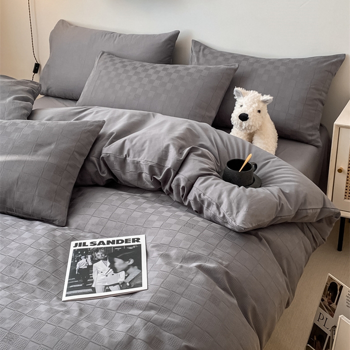 91家纺网 家纺一手货源 找家纺 金丝鸟  2023新款简约舒适华夫格四件套 简约小田格灰