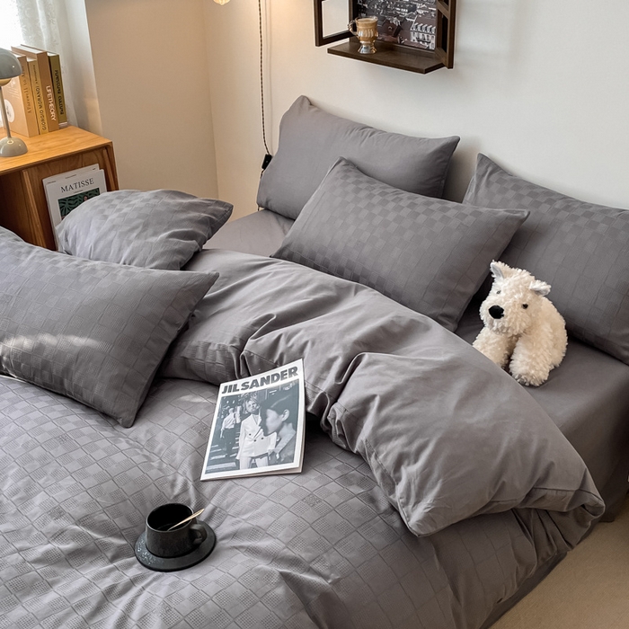 91家纺网 家纺一手货源 找家纺 金丝鸟  2023新款简约舒适华夫格四件套 简约小田格灰