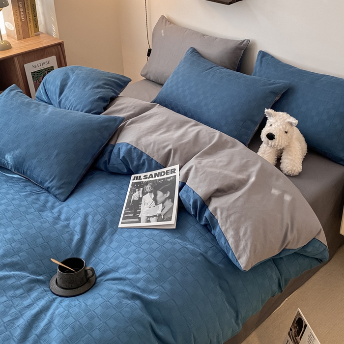 91家纺网 家纺一手货源 找家纺 金丝鸟  2023新款简约舒适华夫格四件套 简约小田格蓝