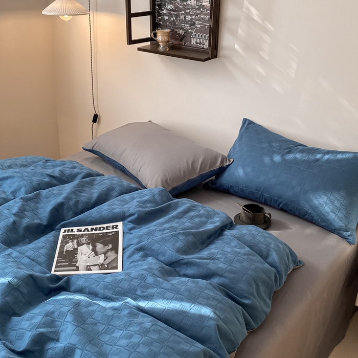 91家纺网 家纺一手货源 找家纺 金丝鸟  2023新款简约舒适华夫格四件套 简约小田格蓝