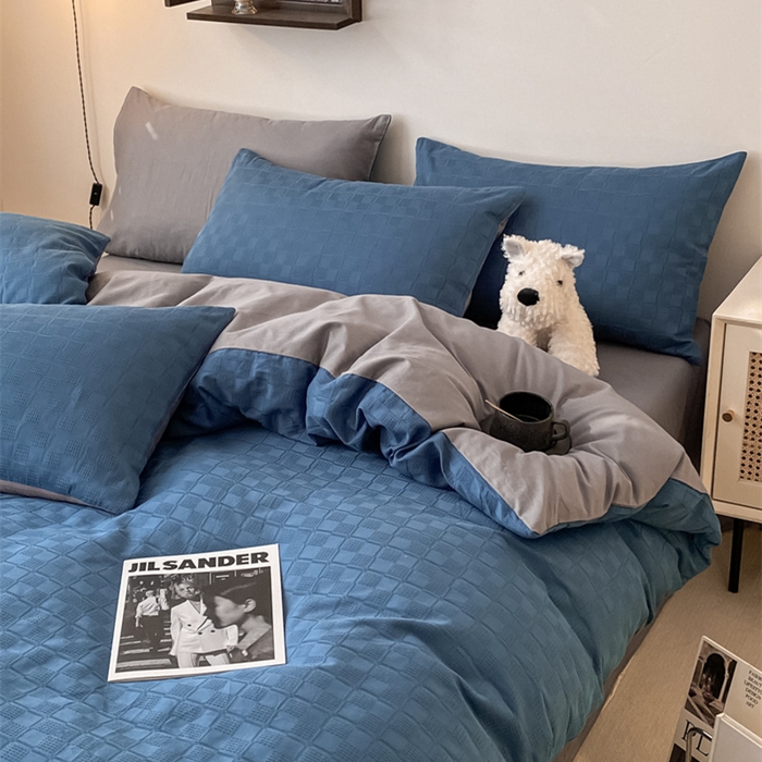 91家纺网 家纺一手货源 找家纺 金丝鸟  2023新款简约舒适华夫格四件套 简约小田格蓝