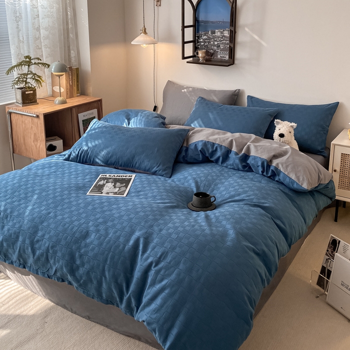 91家纺网 家纺一手货源 找家纺 金丝鸟  2023新款简约舒适华夫格四件套 简约小田格蓝