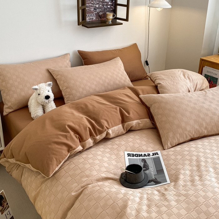 91家纺网 家纺一手货源 找家纺 金丝鸟  2023新款简约舒适华夫格四件套 简约小田格驼