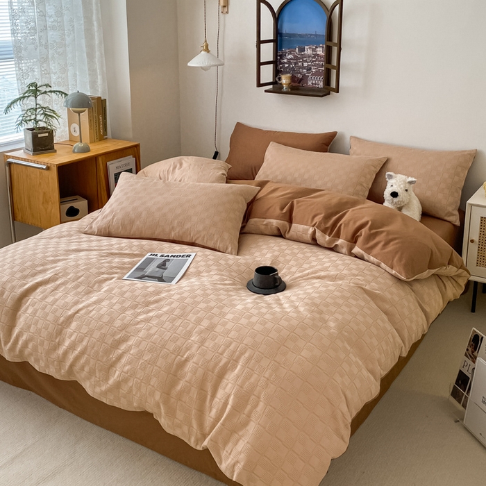 91家纺网 家纺一手货源 找家纺 金丝鸟  2023新款简约舒适华夫格四件套 简约小田格驼