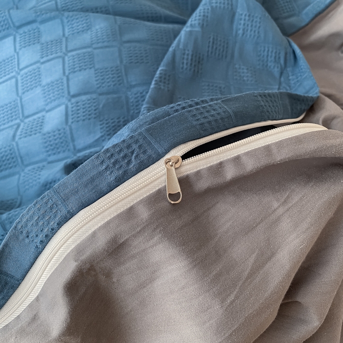 91家纺网 家纺一手货源 找家纺 金丝鸟  2023新款简约舒适华夫格四件套 简约小田格蓝