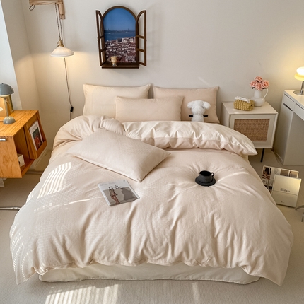 91家纺网 家纺一手货源 找家纺 金丝鸟  2023新款简约舒适华夫格四件套 简约卡其格白