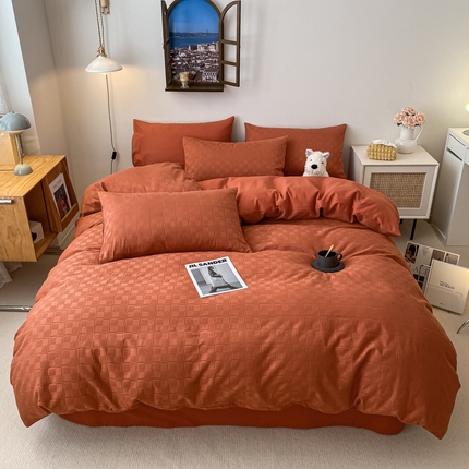 91家纺网 家纺一手货源 找家纺 金丝鸟  2023新款简约舒适华夫格四件套 简约小田格红