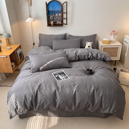 91家纺网 家纺一手货源 找家纺 金丝鸟  2023新款简约舒适华夫格四件套 简约小田格灰