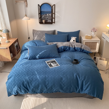 91家纺网 家纺一手货源 找家纺 金丝鸟  2023新款简约舒适华夫格四件套 简约小田格蓝