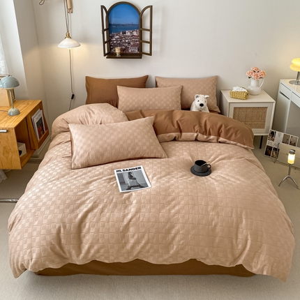 91家纺网 家纺一手货源 找家纺 金丝鸟  2023新款简约舒适华夫格四件套 简约小田格驼